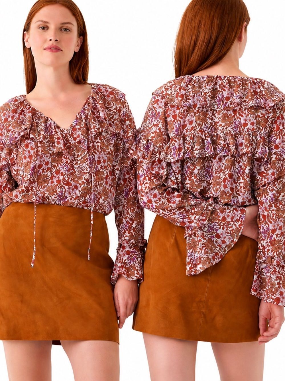 J. Crew Blouse‎ Size XL Floral Ruffle Chiffon Boho Long Sleeve V-Neck Top EUC